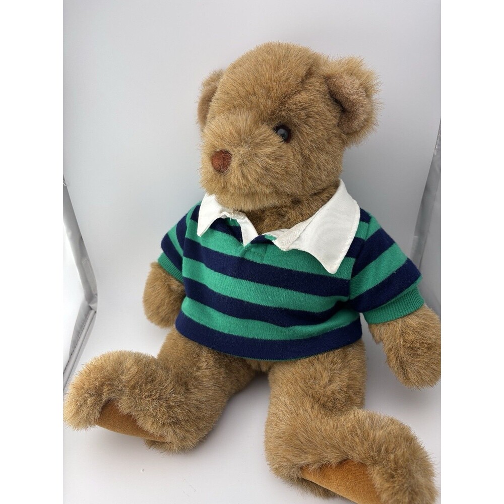 1989 Gund Lands' End Rugby Teddy Bear 15" Plush Blue/Green Stripe Shirt Vintage